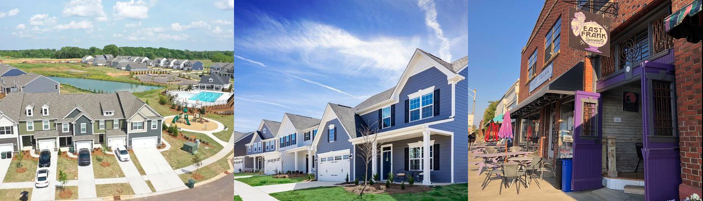 Real photos of Monroe, NC — aerial neighborhood view, new homes, and downtown Monroe