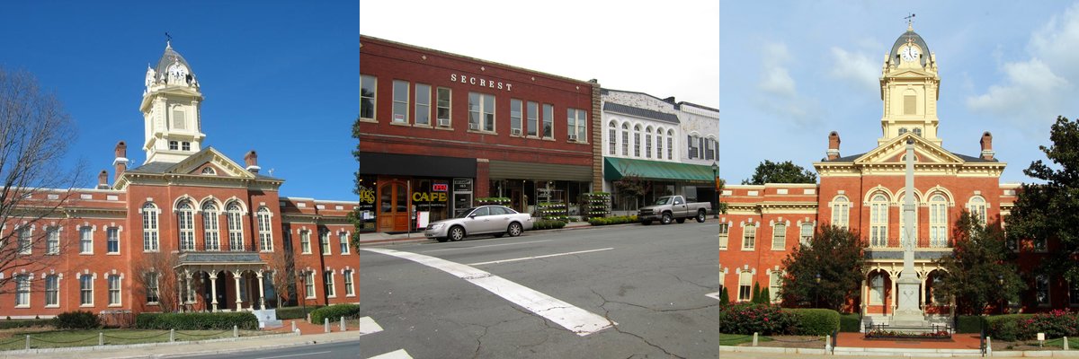 Real photos of Monroe, NC — Union County Courthouse, Monroe neighborhoods, and local homes